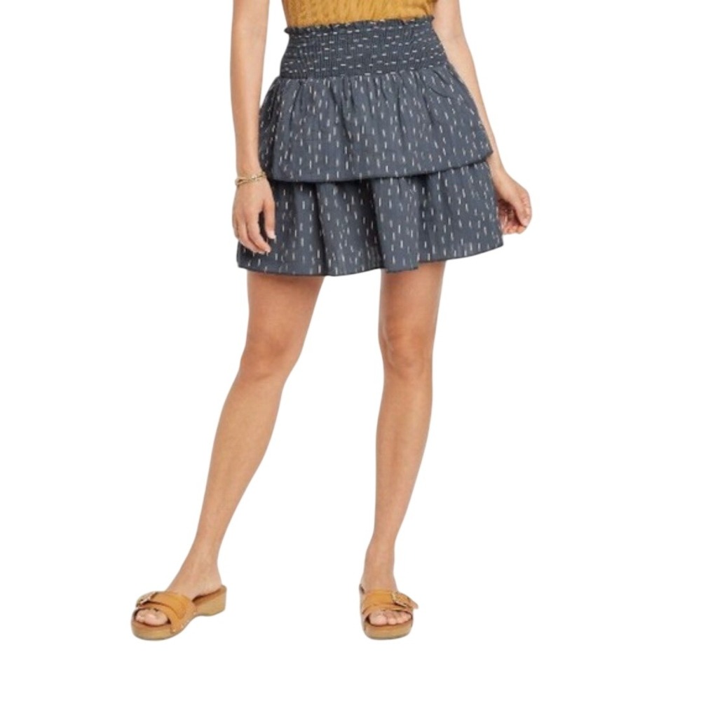 Universal Thread‎ Womens Blue White Dot Ruffle Tiered Smocked Mini Skirt Size XL